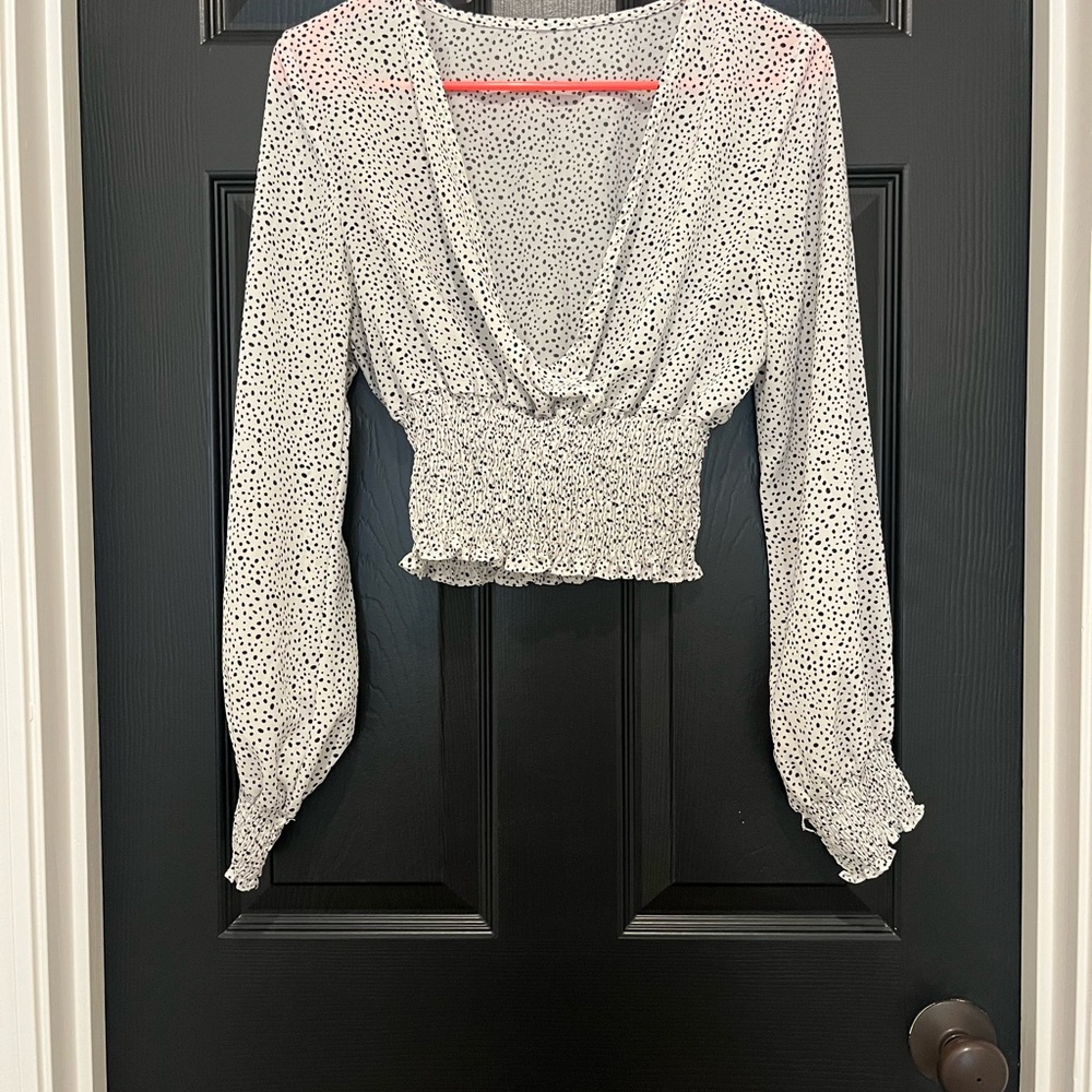 Cream Smocked Crop Blouse with Long Sleeves